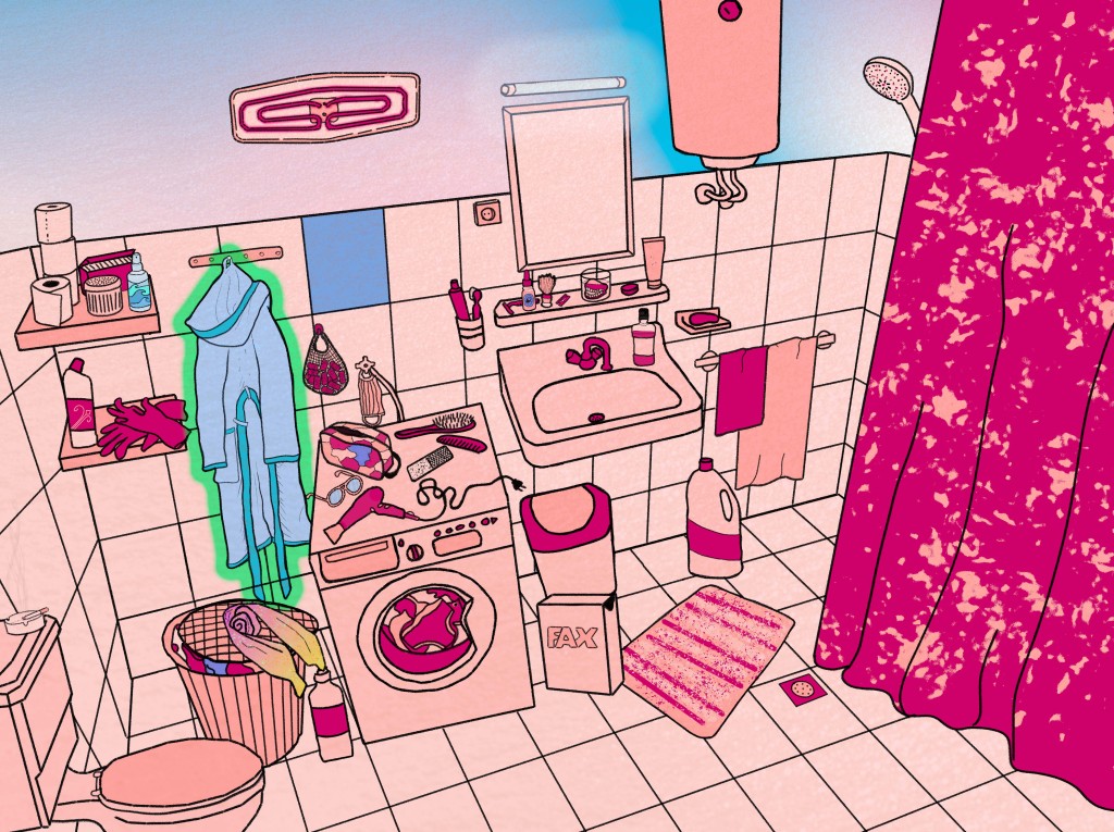 Ilustracija šarene kupaonice s brojnim predmetima u seriji Retrospektiva. Svaki predmet predstavlja pojedinog glazbenika ili glazbenicu.