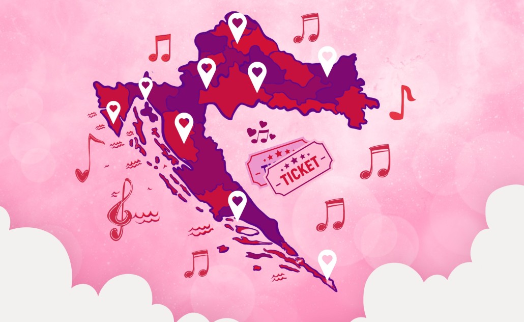 Ilustracija Hrvatske i lokacija koncerata za Valentinovo